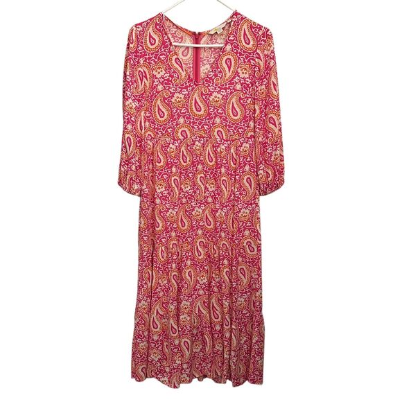 Boden Pink, Orange and White Paisley V-Neck Viscose Boho Maxi Dress Size 2P - Picture 1 of 8